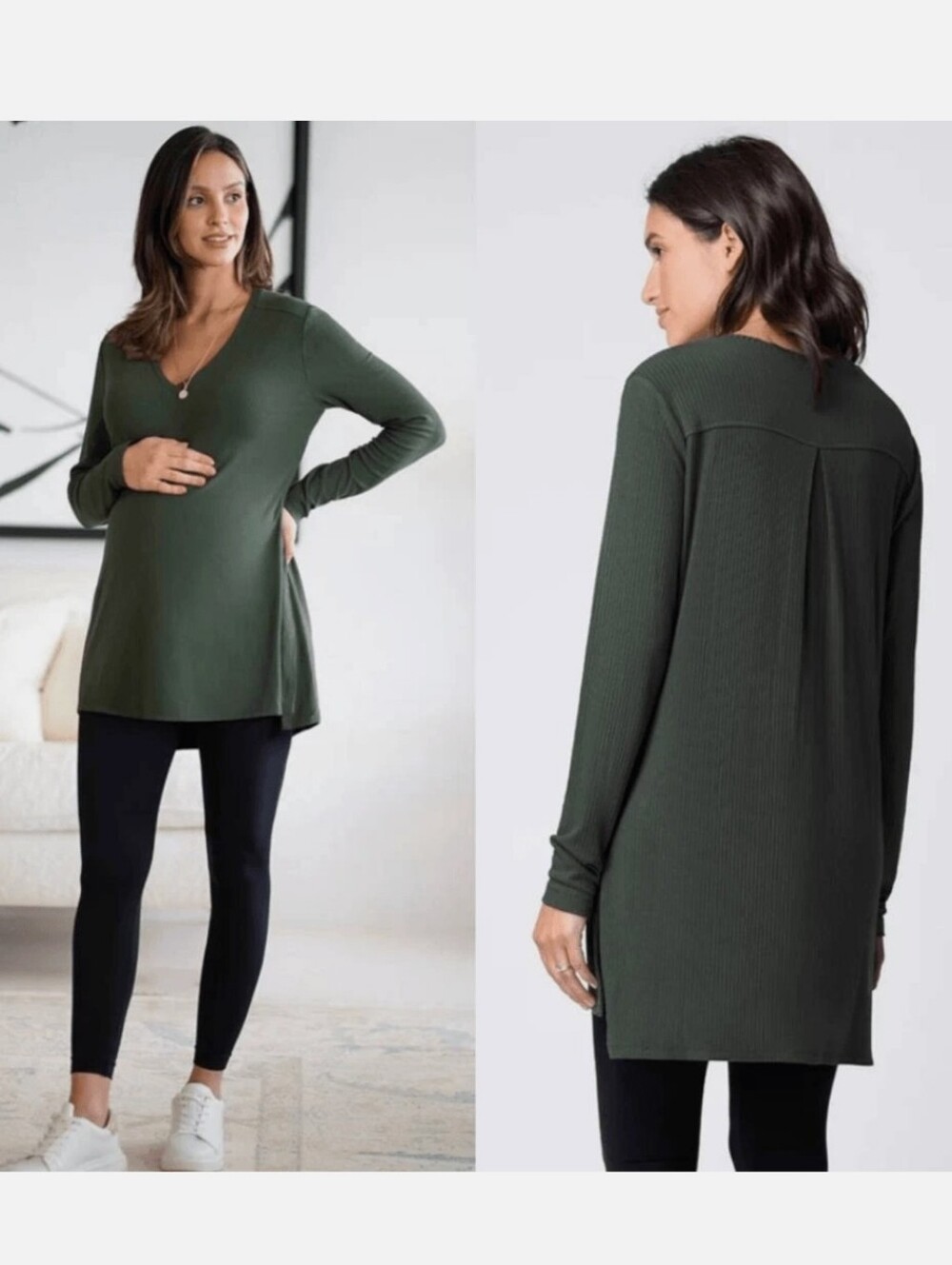 New!Seraphine Olive Green Long Sleeve V-Neck Maternity Tunic Y2K Cottagecore